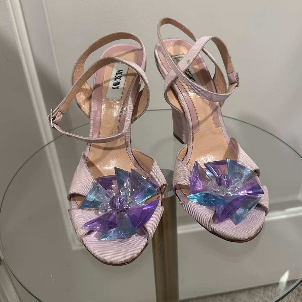 Moschino Light Pink Block Heel Sandals with Iridescent Crystal Flowers